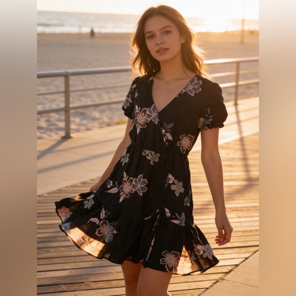 Ladies SO Brand Black Floral Wrap Mini Dress